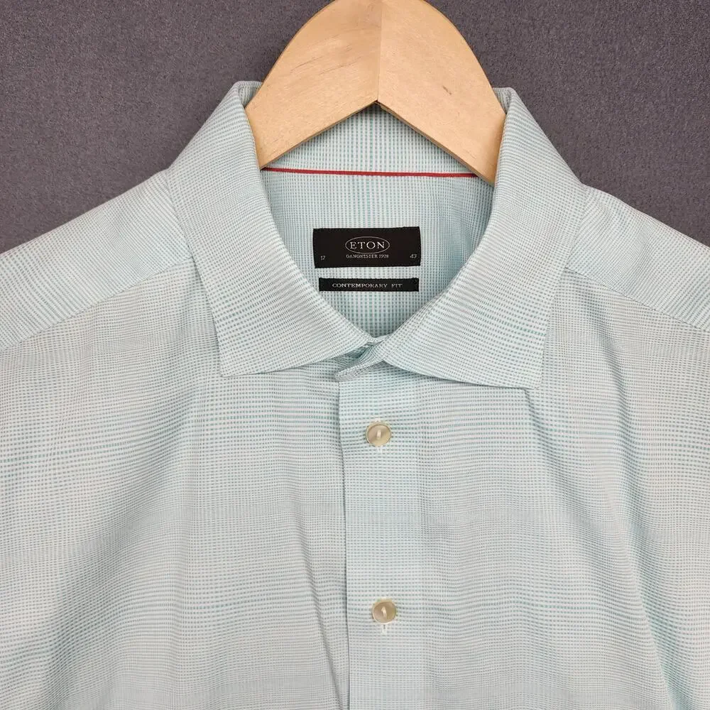Eton Shirt Mens 17 43 Contemporary Fit Blue Micro Check Long Sleeve Button Up
